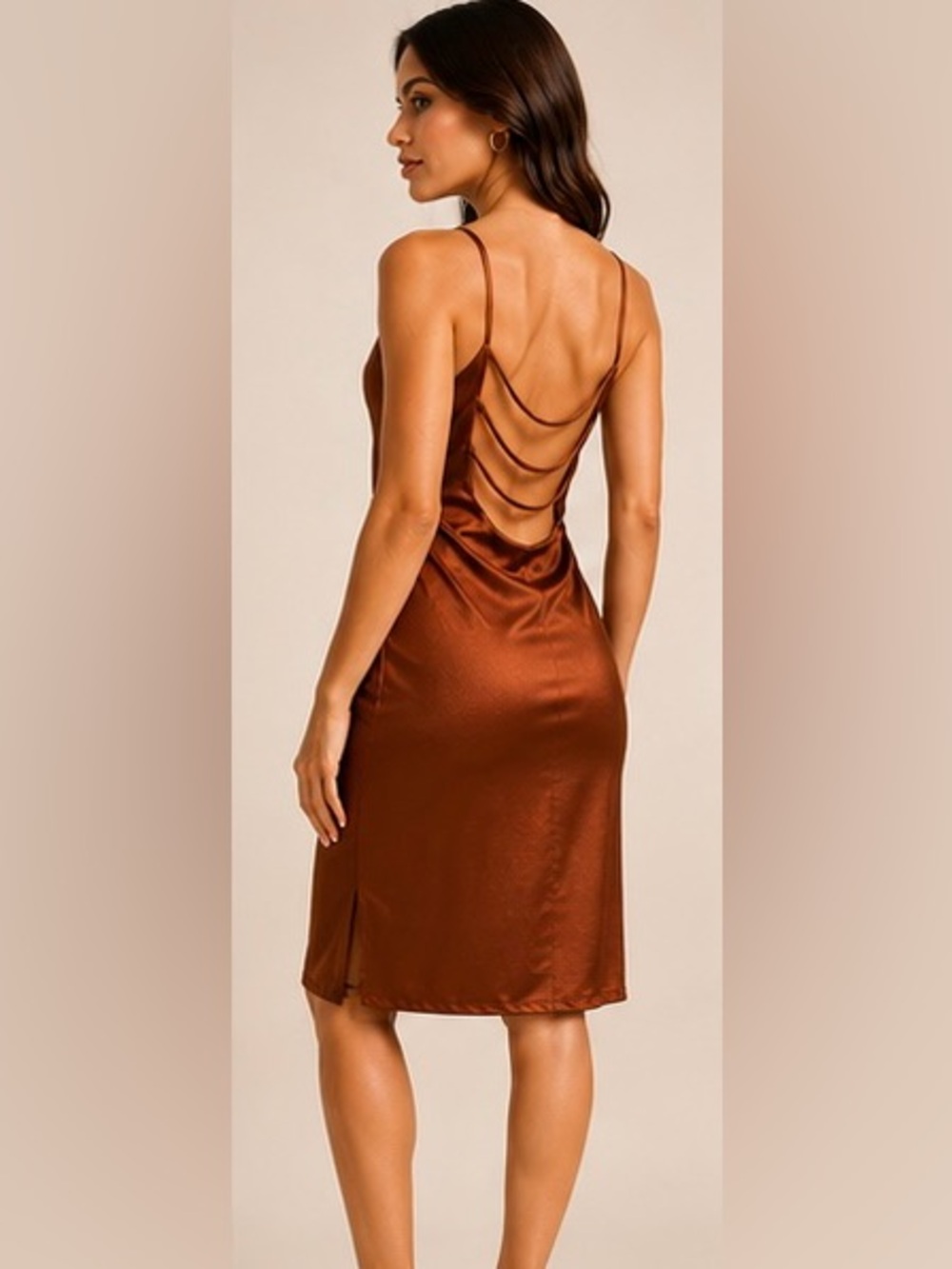 Vibe Apparel Co. Rust Brown Cowl Neck Open Back Dress